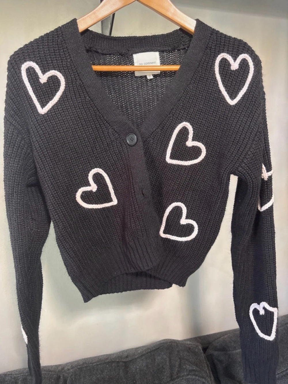 black knit V-neck Cardigan with light pink Heart embroidery